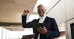 Tablet, celebration and senior businessman in the city with good news, job promotion or winning. Happy, digital technology and professional African male lawyer with fist pump for success in town.