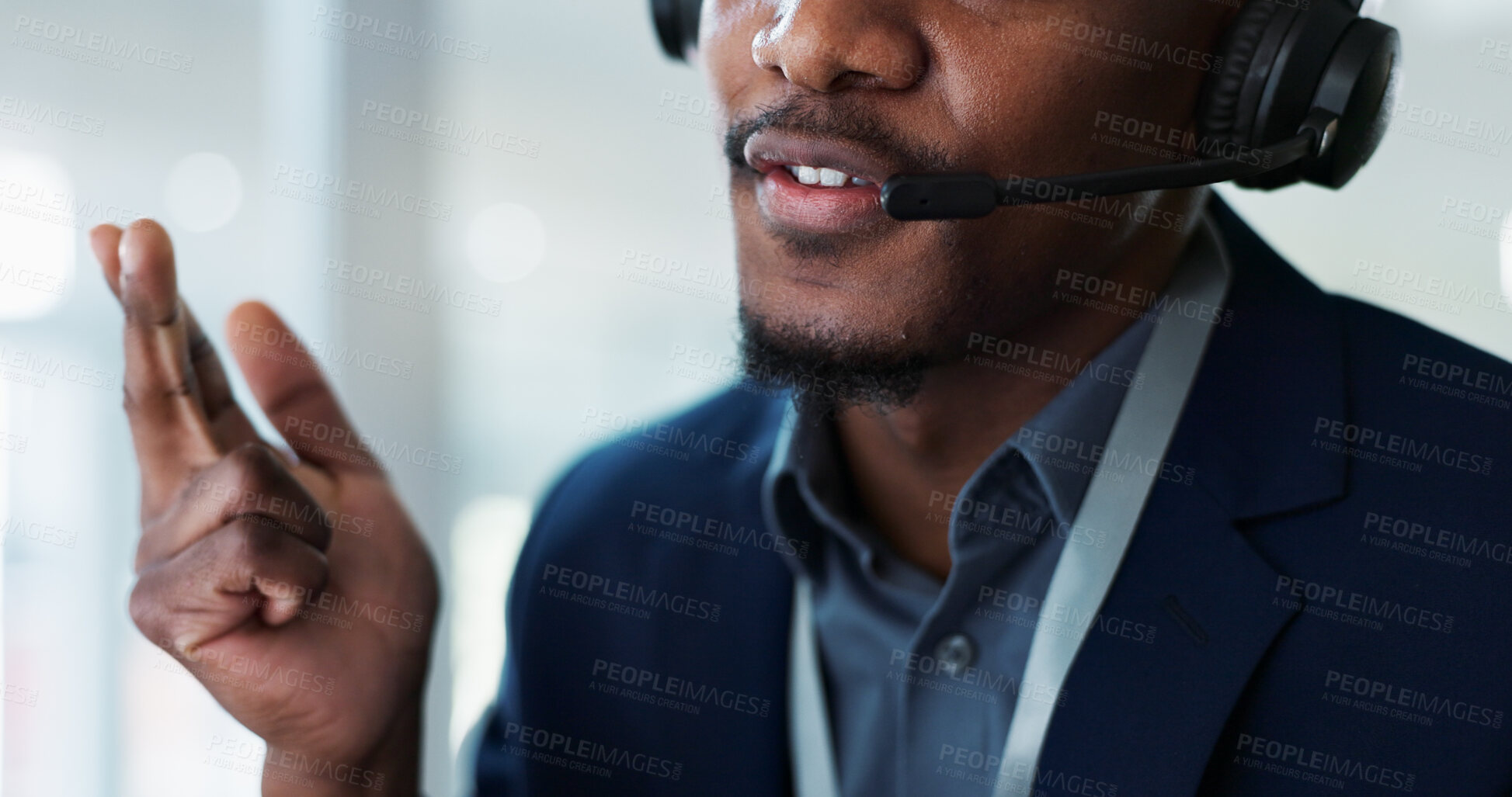 Buy stock photo Man, mouth and consulting in call center, customer service or telemarketing at office. Closeup of male person, consultant or agent lips talking on headphones for online advice, help or contact us