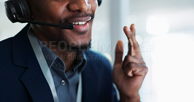 Man, mouth and consulting in call center, customer service or telemarketing at office. Closeup of male person, consultant or agent lips talking on headphones for online advice, help or contact us