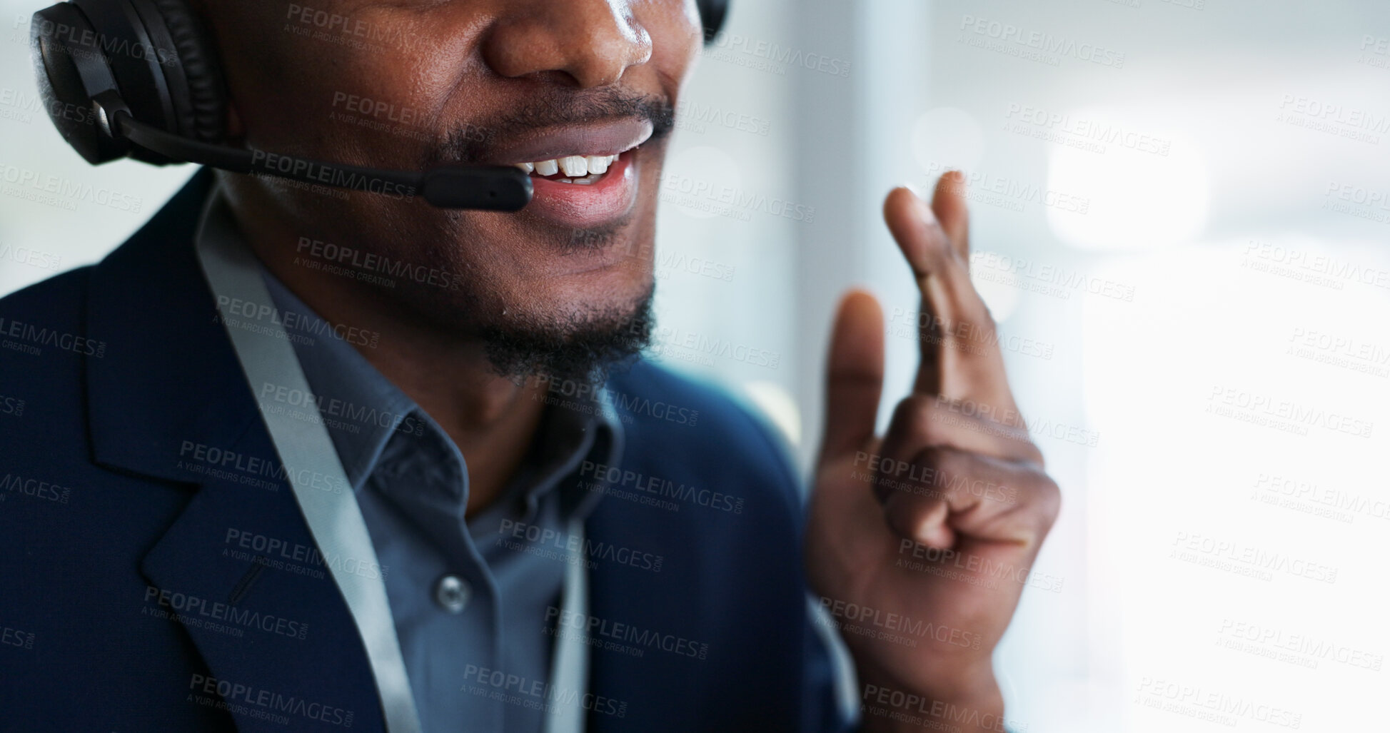 Buy stock photo Man, mouth and consulting in call center, customer service or telemarketing at office. Closeup of male person, consultant or agent lips talking on headphones for online advice, help or contact us