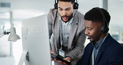 Call center, training and man learning in office with mentor, technical support and advice for working on computer. Employees, collaboration and questions for manager helping on project with tech