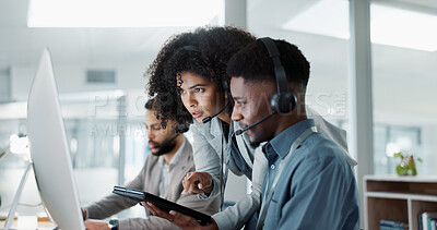 Business people, call center and coaching in telemarketing, support or customer service at office. Team, agent or consultant training staff together in teamwork for online advice, help or contact us