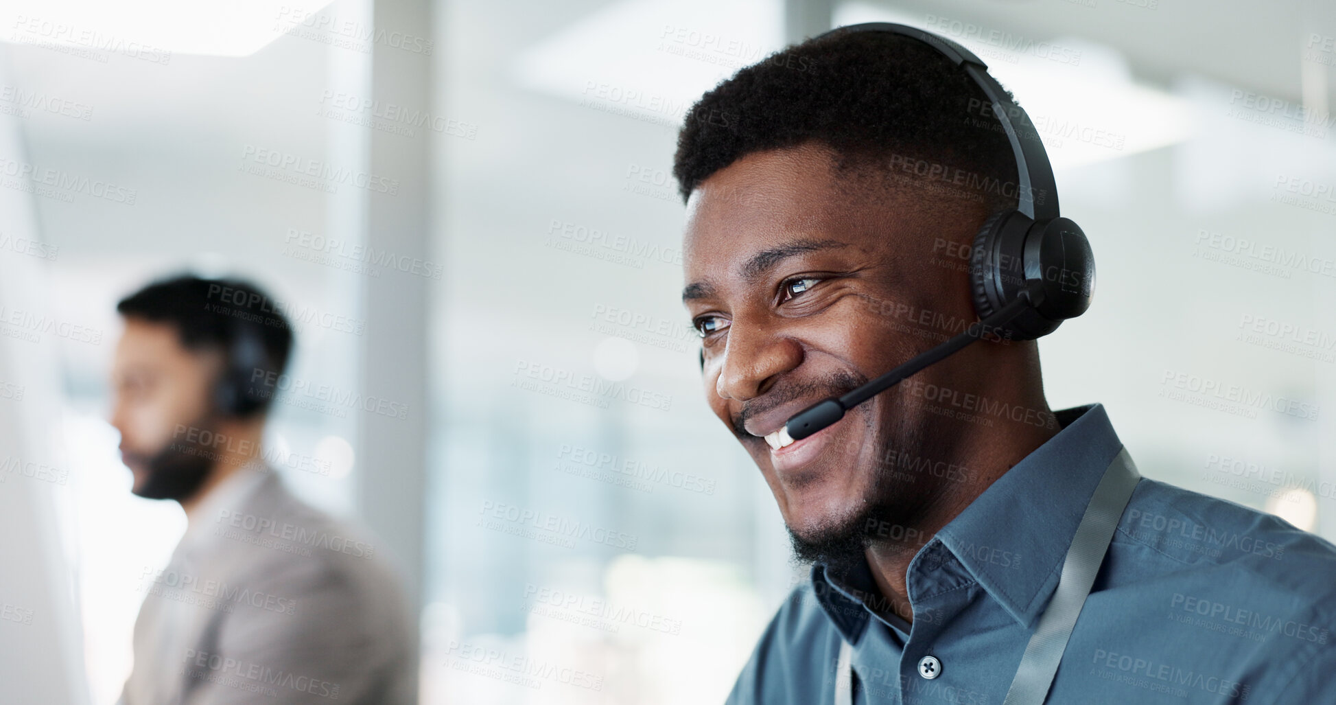 Buy stock photo Happy black man, call center and customer service in telemarketing, communication or support at office. African male person or consultant agent smile in online advice, help or contact us at workplace