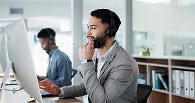Call center, customer service and man on an online consultation on a computer working in the office. Contact us, crm and young male telemarketing consultant or agent talking for support in workplace.