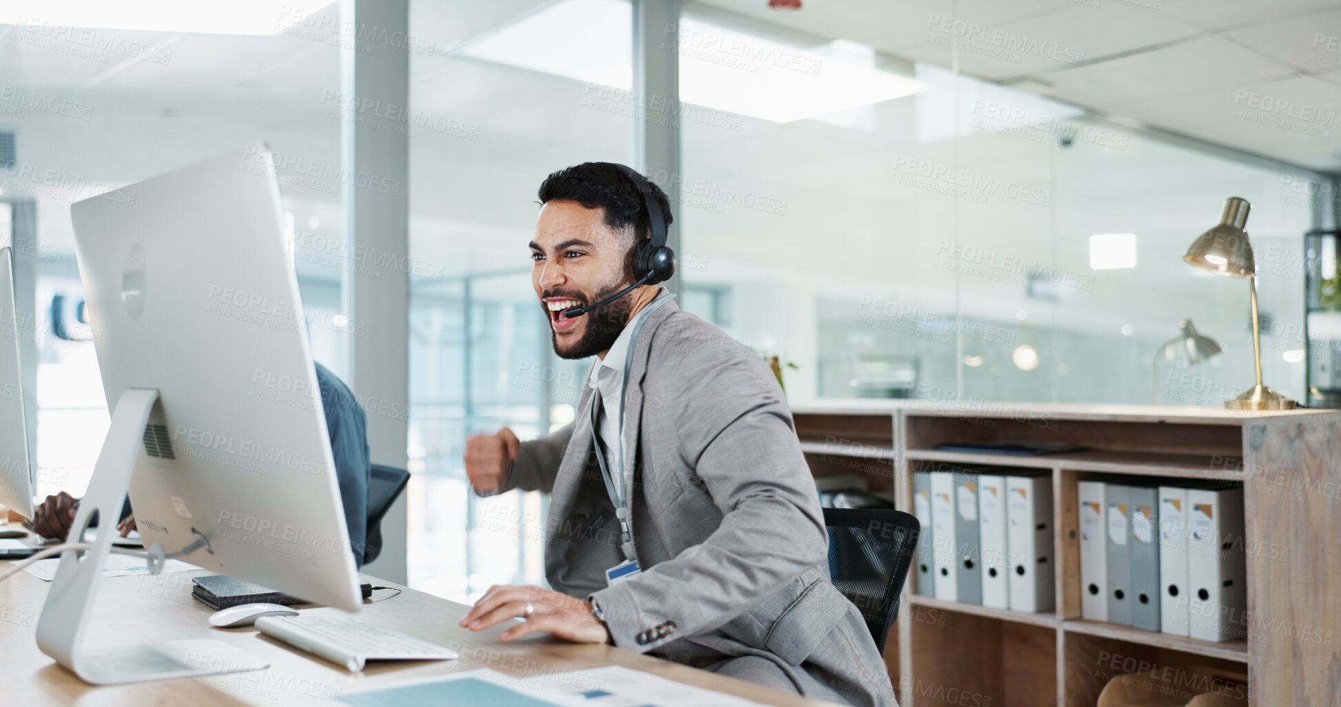 Buy stock photo Businessman, call center and fist bump in winning, promotion or success for customer service at office. Excited man, consultant or agent in victory, target or sale for online advice or contact us