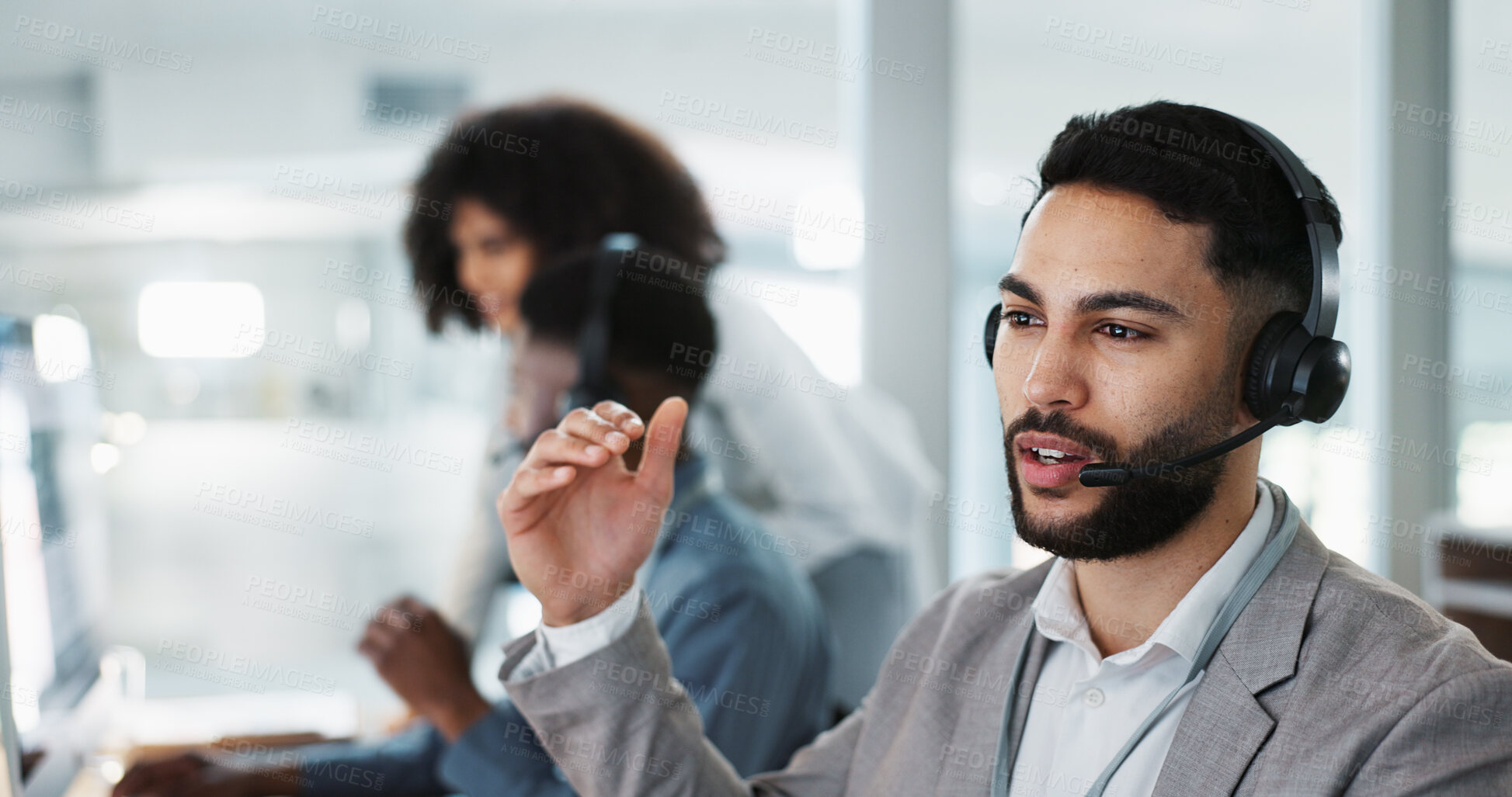 Buy stock photo Happy businessman, call center and customer service in telemarketing, communication or support at office. Friendly man, consultant or agent smile in online advice, help or contact us at workplace