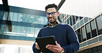 Tablet, smile and businessman walking in the city doing research for a legal strategy. Happy, digital technology and professional male lawyer from Colombia working on case commuting in urban town.