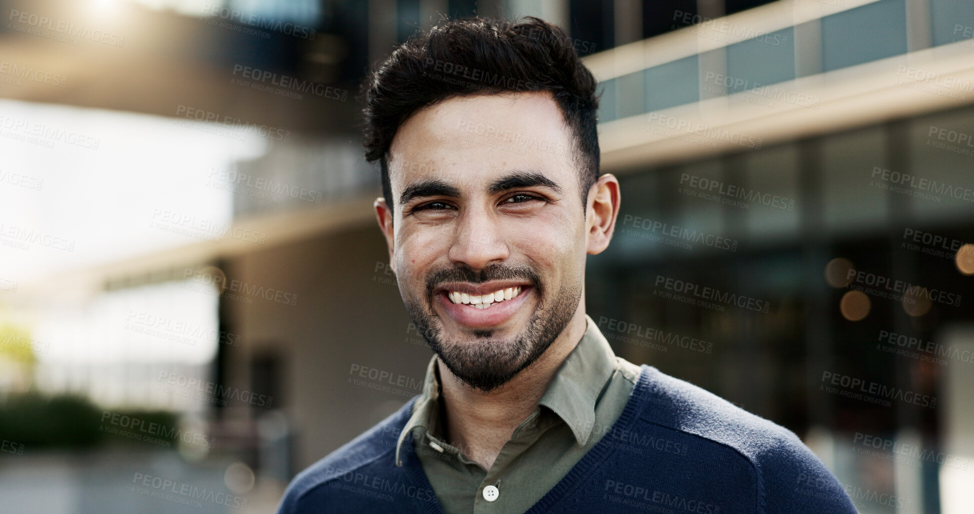 Buy stock photo Happy, city and face of business man by building for career, job and work opportunity. Professional, corporate worker and portrait of person in urban town for success mindset, growth and travel