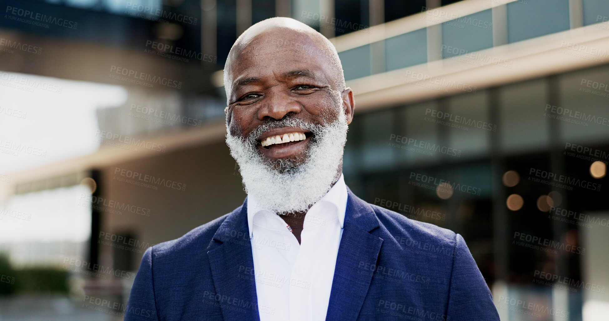 Buy stock photo Laugh, city and face of business black man in city by building for career, job and work opportunity. Professional, happy and portrait of worker in urban town for success mindset, growth and travel