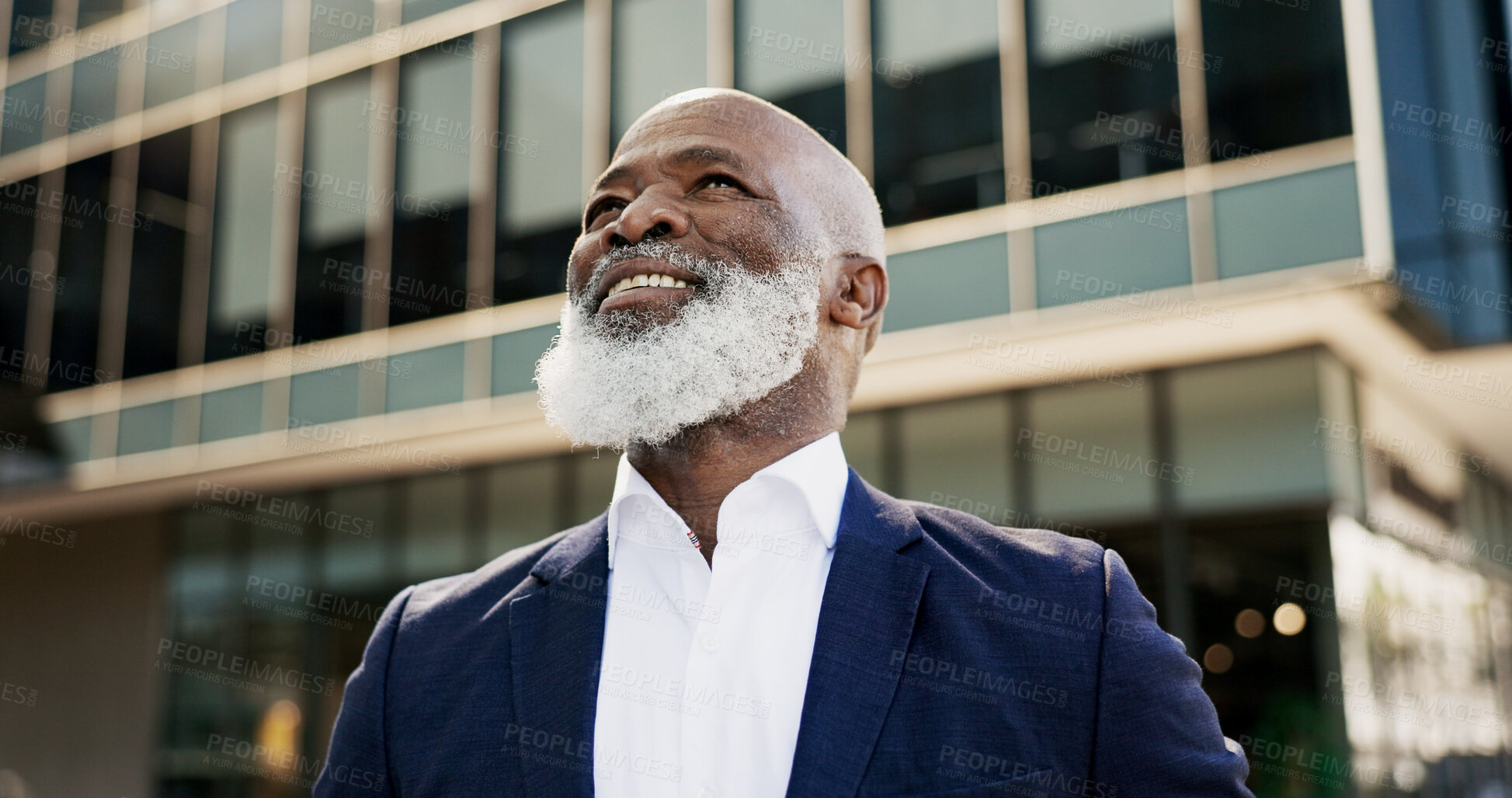 Buy stock photo Thinking, building and business black man in city on morning commute for career, job and work opportunity. Professional, happy and face of worker in town for success mindset, inspiration and future