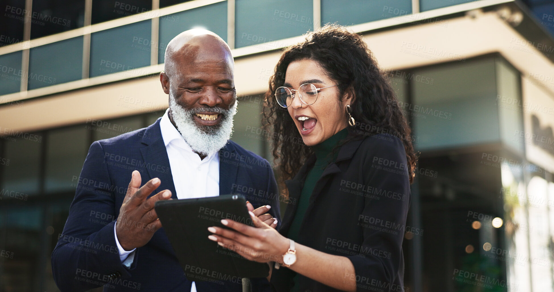 Buy stock photo Tablet, talking and businesswoman with manager in the city planning a legal strategy. Discussion, digital technology and team of professional lawyers working on case in collaboration in urban town.