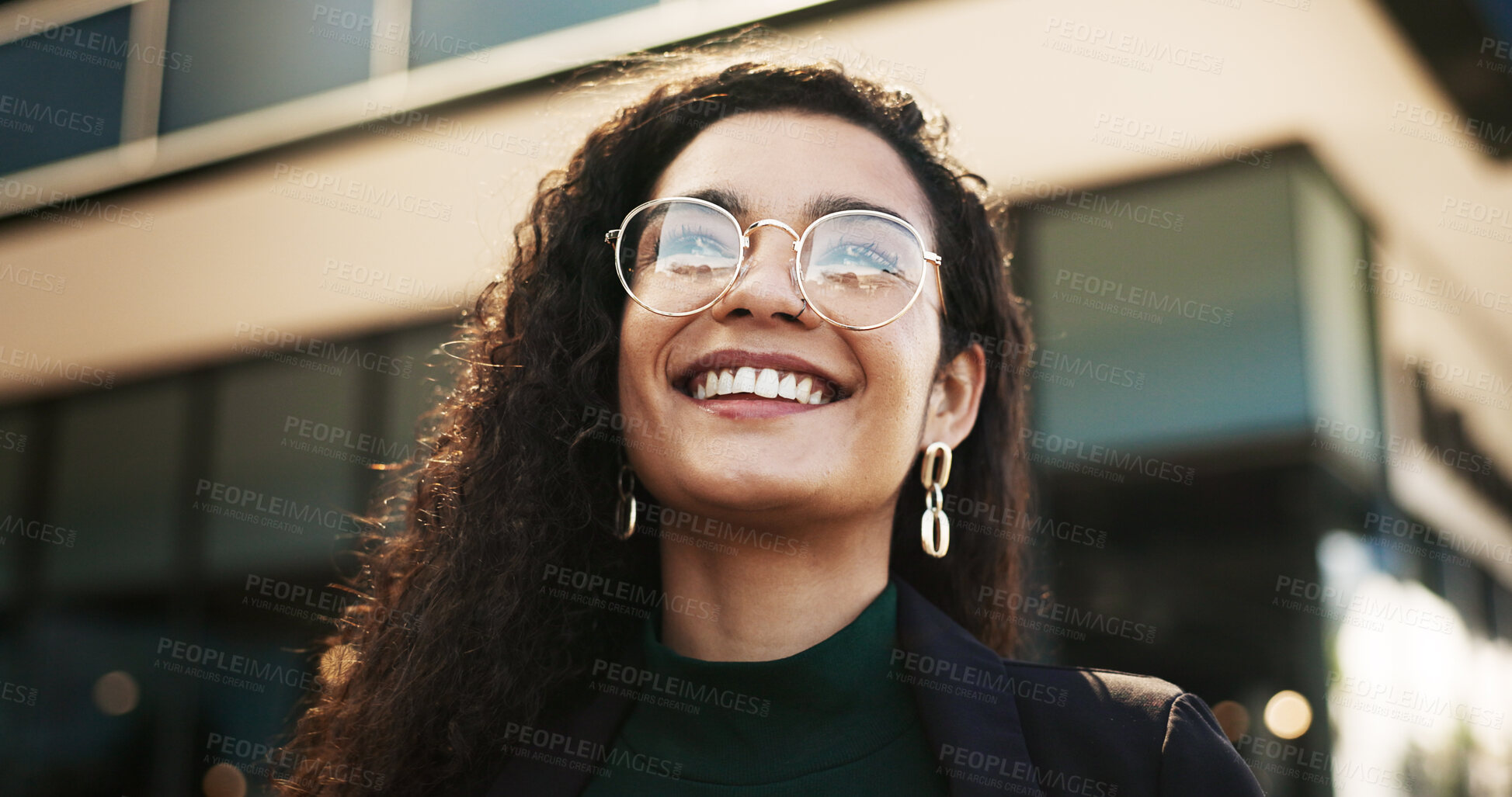 Buy stock photo Smile, vision and opportunity with a business black woman outdoor in the city for energy or inspiration. Face, thinking and glasses with a happy young employee looking to the future in an urban town