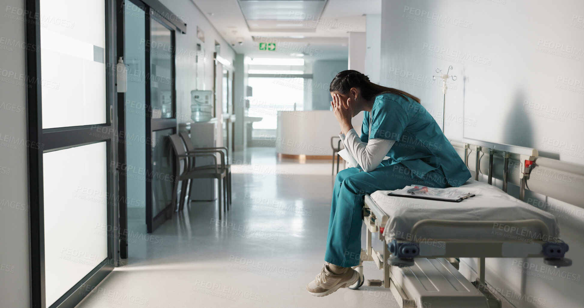 Buy stock photo Fail, crying or doctor with stress in hospital unhappy with healthcare results or medical problem. Depression, mistake or sad woman nurse frustrated by grief, death or loss in clinic with headache