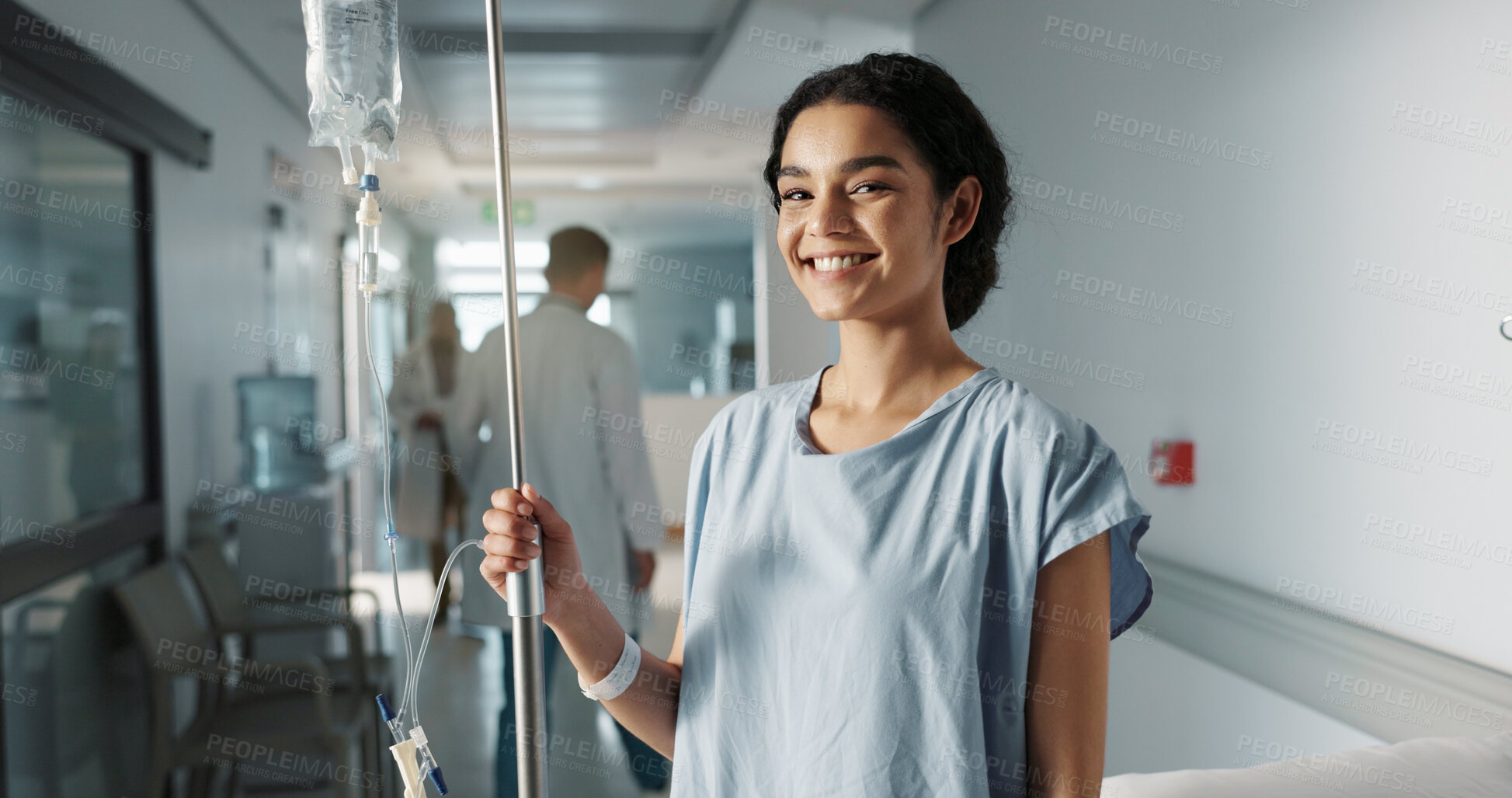 Buy stock photo Iv drip, patient and portrait of happy woman in a hospital or clinic corridor with treatment for recovery from surgery. Intravenous, medicine and person with medical insurance for care and health