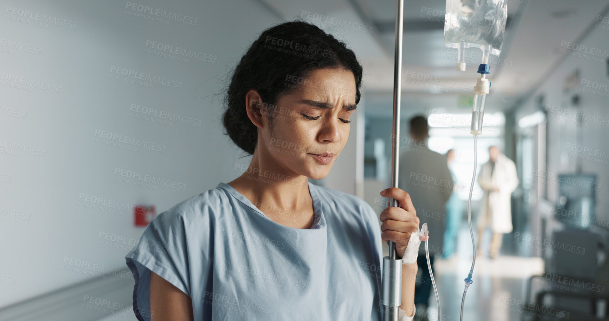 Buy stock photo Sad, breathing and a woman with an iv drip at hospital for medicine, wellness and recovery from virus. Depression, thinking and a clinic patient with treatment stress, burnout or anxiety while sick