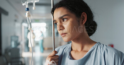 Woman, patient and iv drip, healthcare at hospital for wellness, burnout and medicare treatment. Female patient, hospital and recovery from virus or cancer, stress and depression while sick in pain