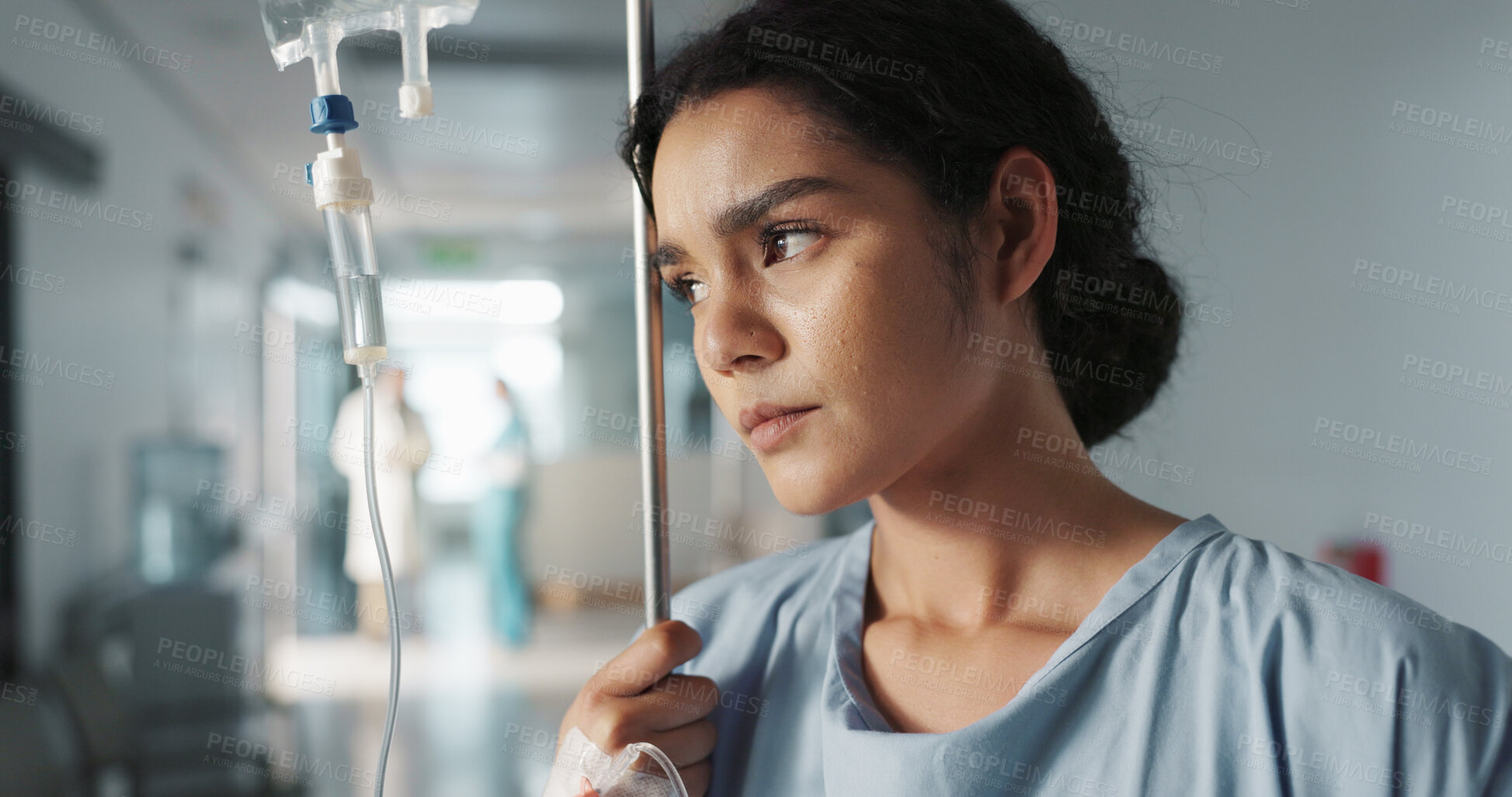 Buy stock photo Woman, patient and iv drip, healthcare at hospital for wellness, burnout and medicare treatment. Female patient, hospital and recovery from virus or cancer, stress and depression while sick in pain