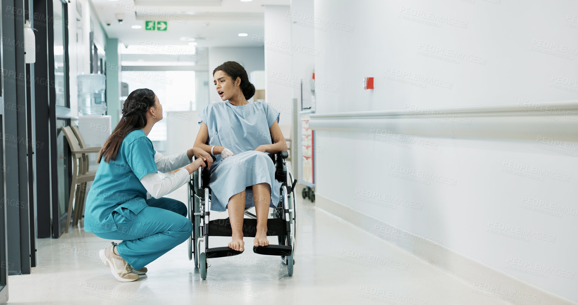 Buy stock photo Doctor, wheelchair patient and talking people consulting over healthcare service, wellness surgery or medical support. Clinic, help and medical expert, nurse or surgeon chat to person with disability