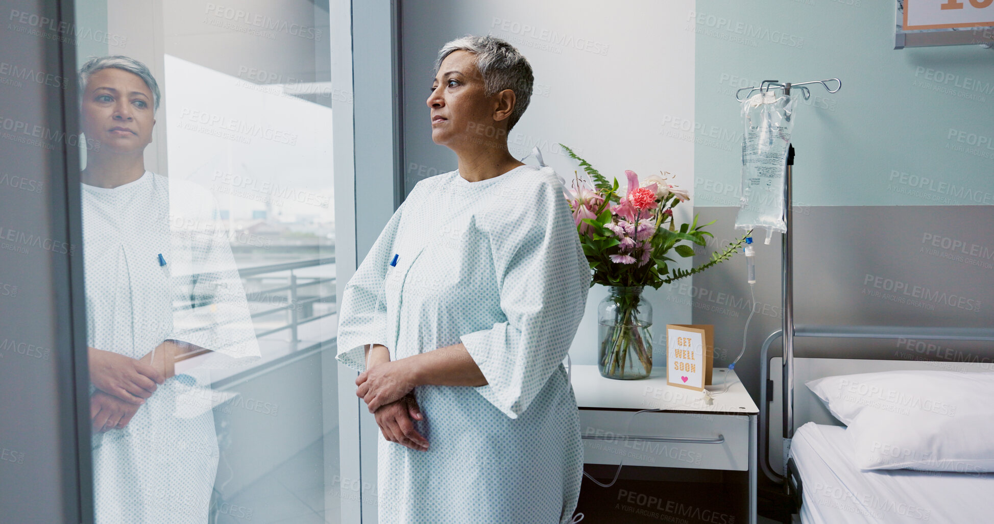 Buy stock photo Sad, woman and thinking at window in hospital with stress, anxiety or fear of cancer, death or insurance. Senior, patient and depression in clinic with lady worried for future or mental health