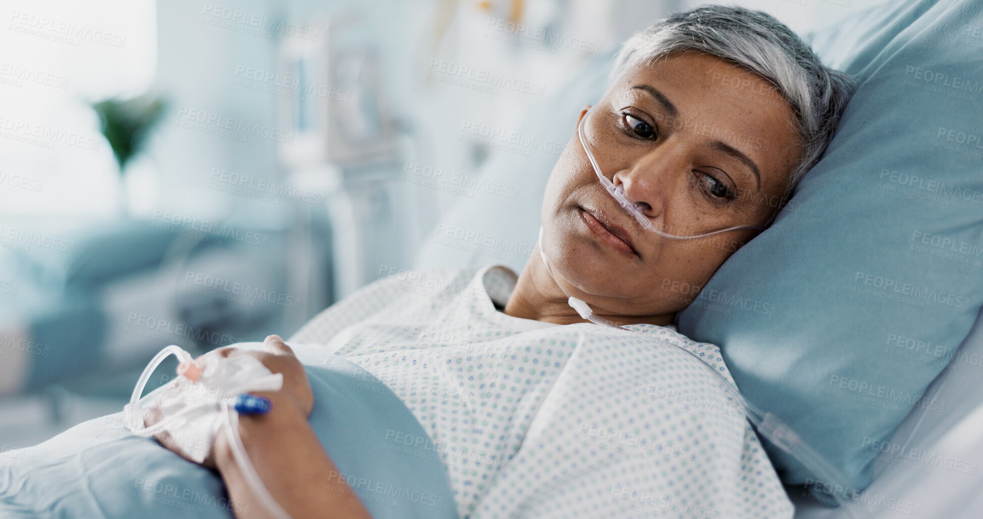 Buy stock photo Medical, iv drip and senior woman in the hospital for consultation, surgery or treatment. Healthcare, recovery and elderly female patient resting in bed after operation or procedure in a clinic.