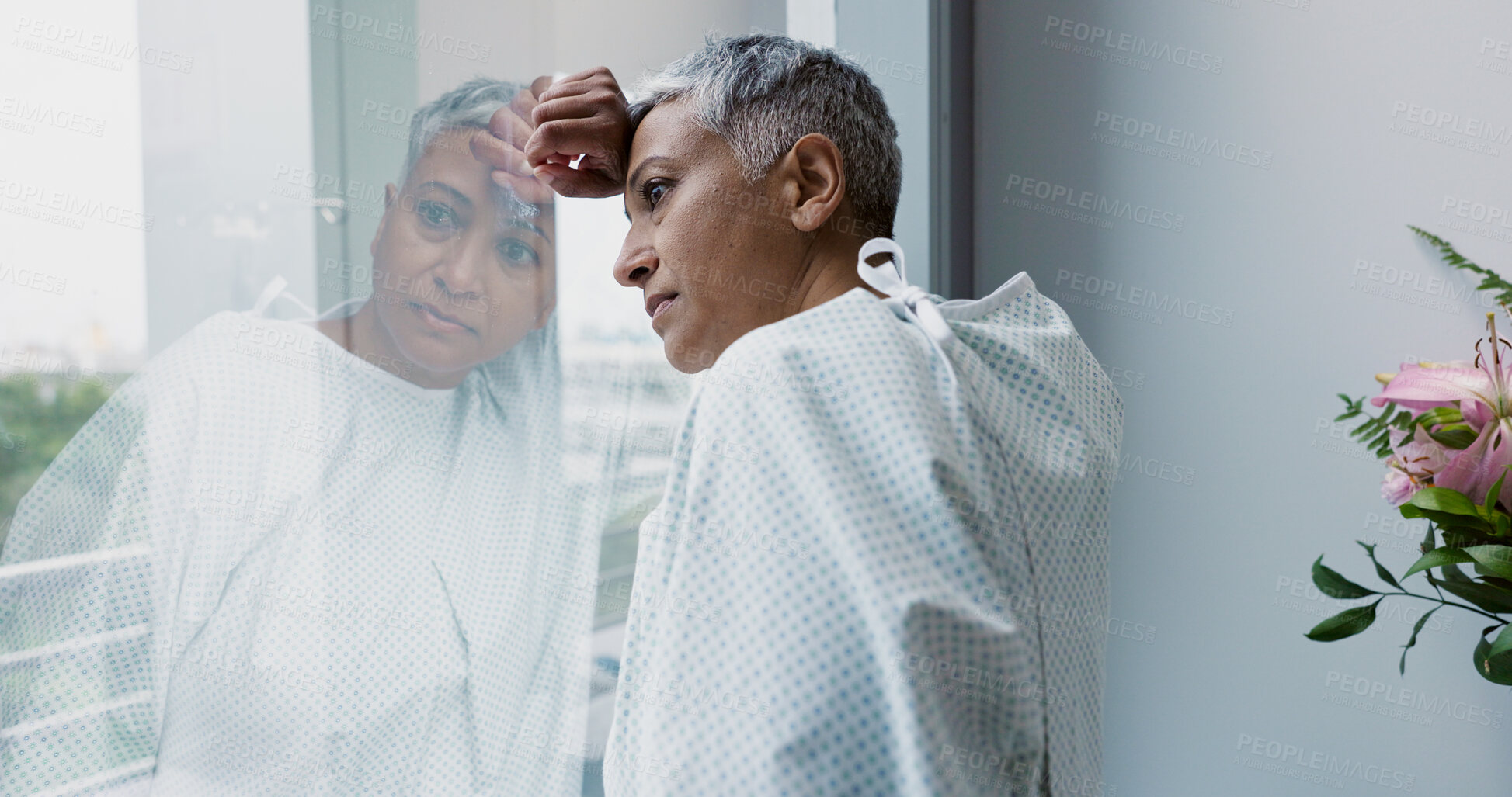 Buy stock photo Sad, woman and thinking at window in hospital with stress, anxiety or fear of cancer, death or insurance. Senior, patient and depression in clinic with lady worried for future or mental health