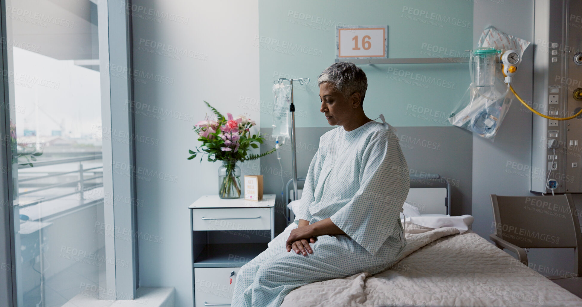 Buy stock photo Sad, woman and thinking at window in hospital with stress, anxiety or fear of cancer, death or insurance. Senior, patient and depression in clinic with lady worried on bed for future or mental health