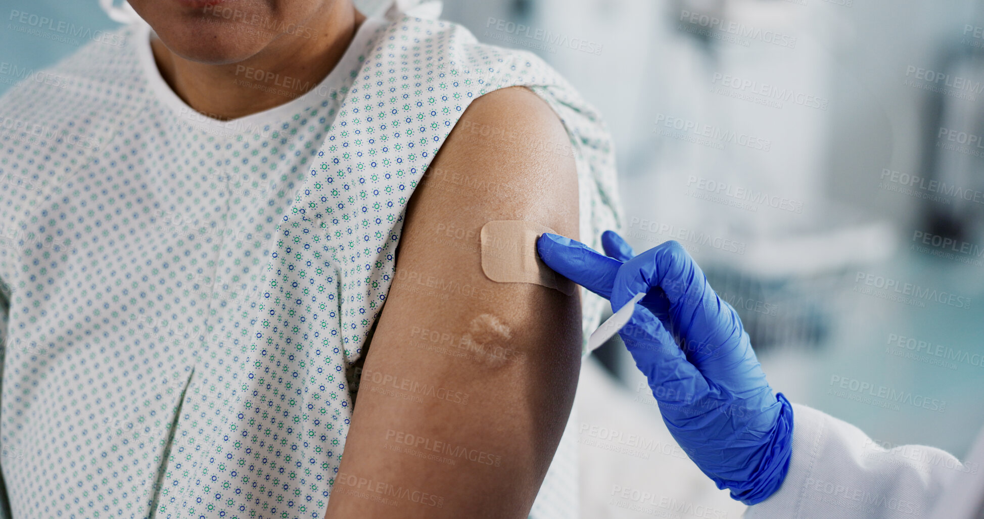 Buy stock photo Doctor, hands and bandage on arm, vaccine and healthcare of patient in hospital. Nurse, plaster and injection of person closeup for medicine, virus immunity or help with treatment of injury in clinic