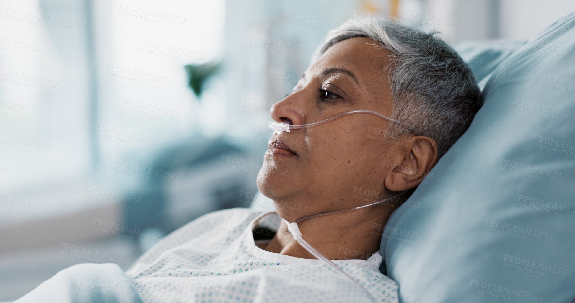 Buy stock photo Sick, iv drip and senior woman in the hospital for consultation, surgery or treatment. Healthcare, recovery and elderly female patient resting in bed after operation or procedure in a medical clinic.