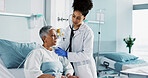 Hospital, doctor and woman breathing with stethoscope for diagnosis, medical service and checkup. Healthcare, clinic and health worker with mature patient for surgery recovery, wellness and healing