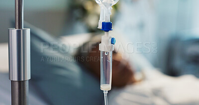 IV drip, health and medicine with patient in hospital, treatment and surgery with healing pr rehabilitation. Person at clinic, healthcare with medication or liquid for infusion, service and recovery