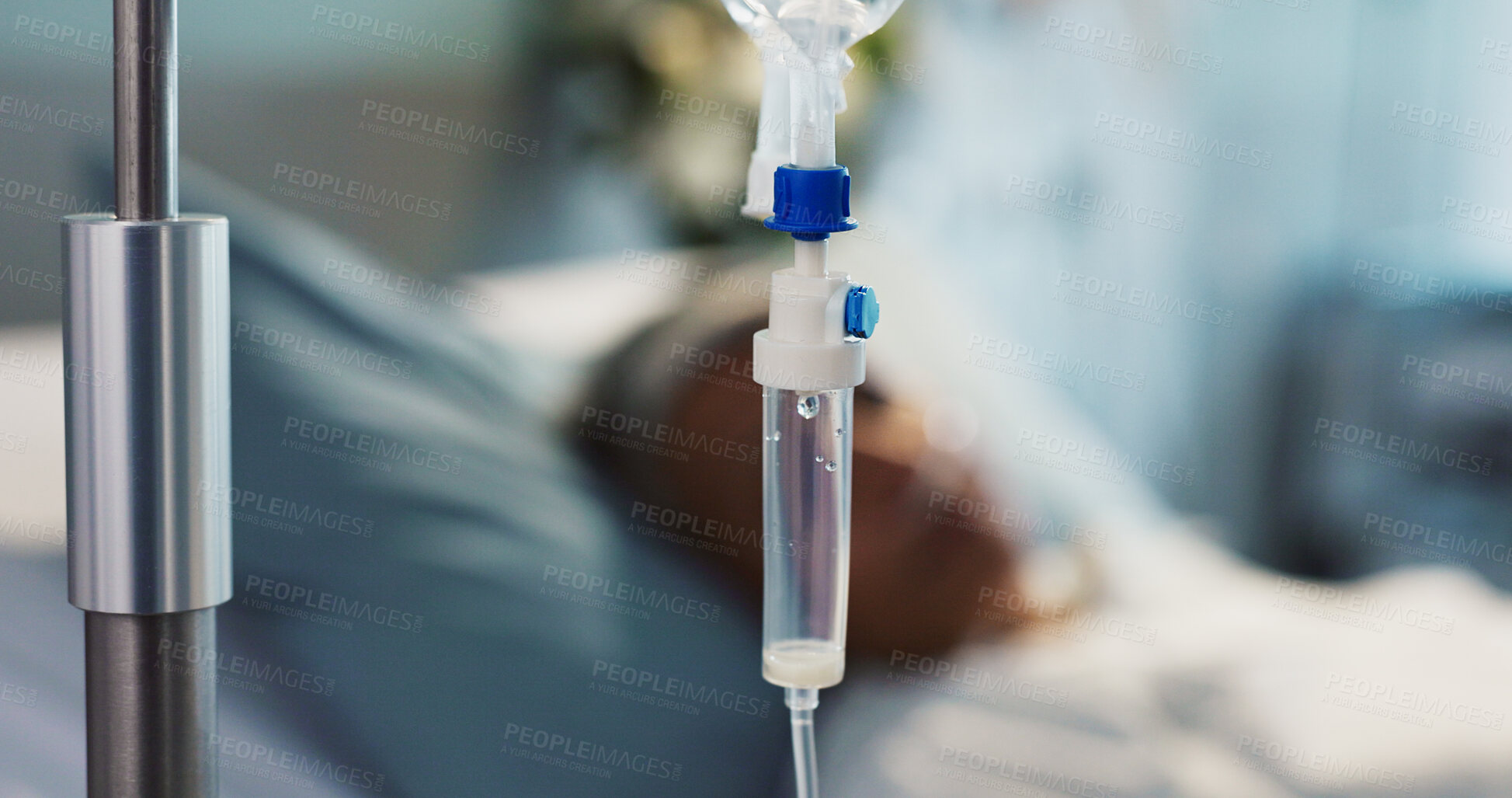 Buy stock photo IV drip, health and medicine with patient in hospital, treatment and surgery with healing pr rehabilitation. Person at clinic, healthcare with medication or liquid for infusion, service and recovery