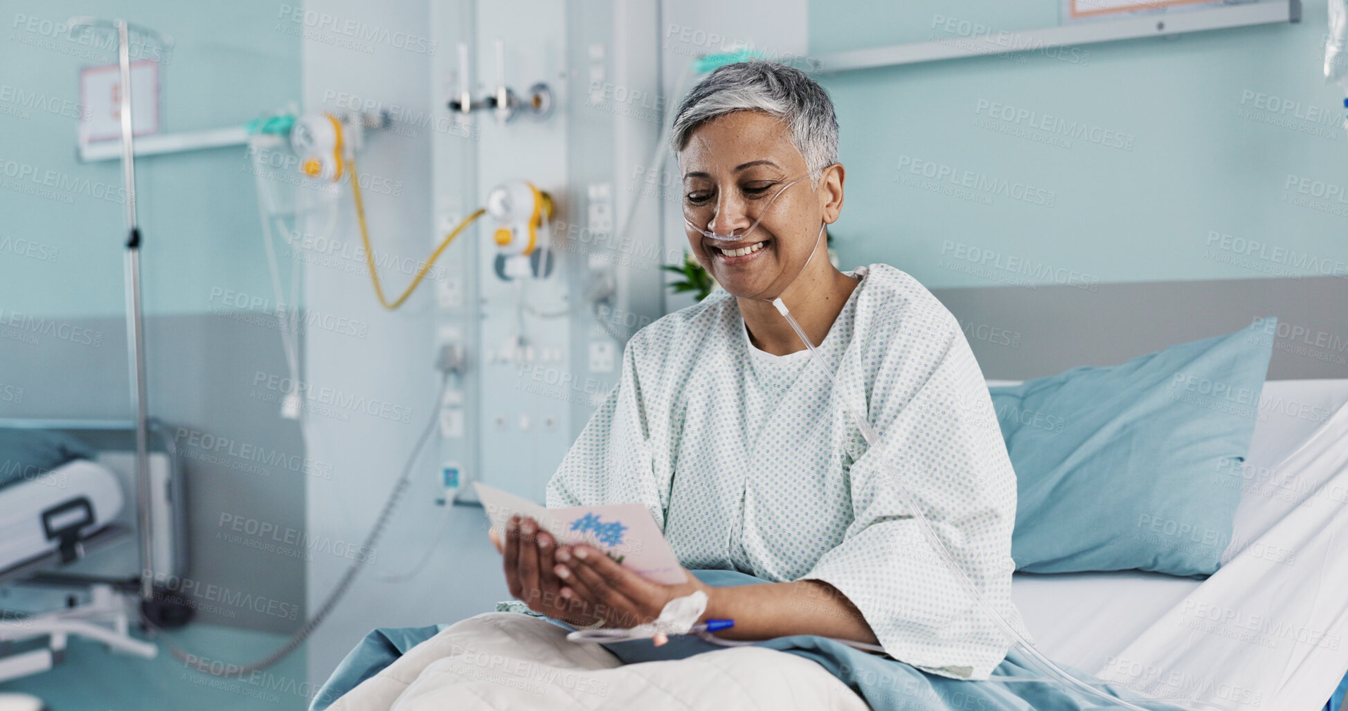 Buy stock photo Woman in hospital with get well soon card with good news with ventilation tube for oxygen, medical service and care. Healthcare, happy and mature person smile for surgery recovery, wellness and results