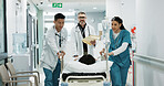 Doctors, people talking and push patient hospital bed, consulting and feedback on medicine treatment, support or ICU surgery. Teamwork, conversation and walking team, nurses or surgeon helping client