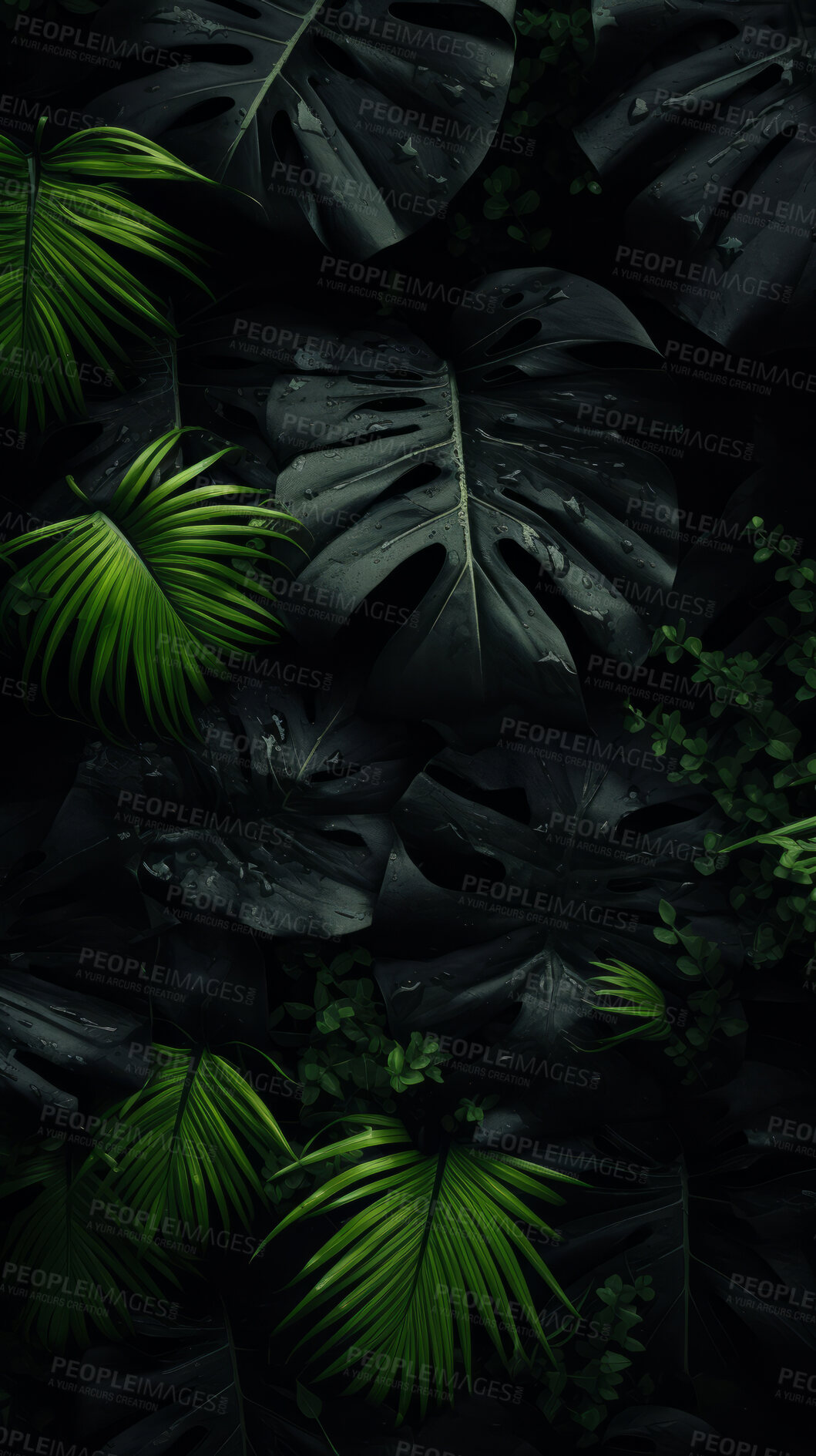 Buy stock photo Dark leaves wallpaper background. Product presentation invitation template.