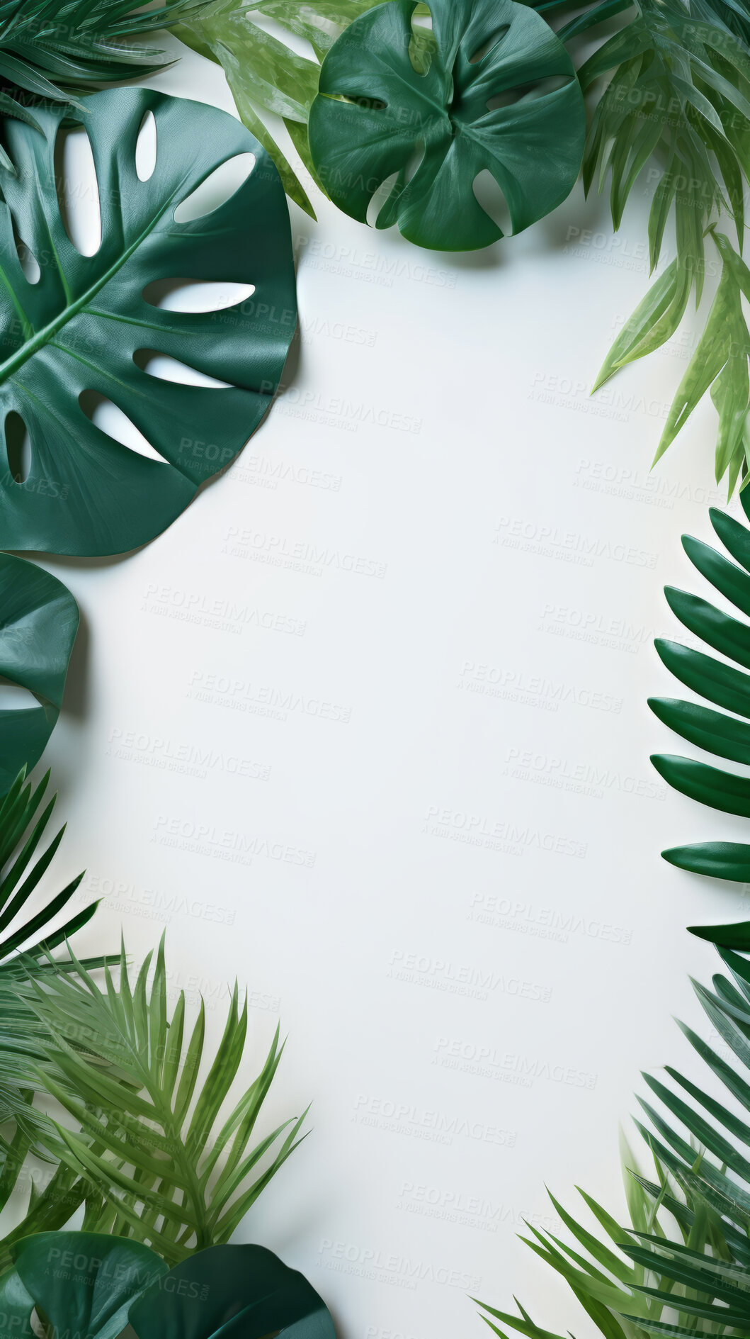 Buy stock photo Leaves background with white copyspace. Product presentation invitation template.