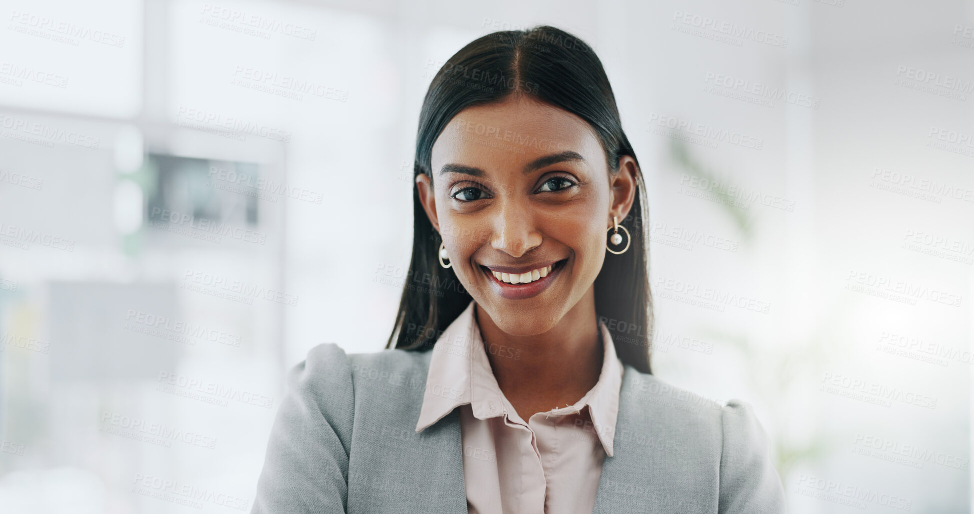 Buy stock photo Happy business woman, face and manager of professional in corporate success at office. Portrait of female person, leader or employee smile in happiness for career ambition or opportunity at workplace