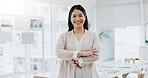 Portrait of businesswoman, smile in office and arms crossed, project manager at engineering agency. Face of happy woman, design business leader with pride and confidence for entrepreneur at startup.