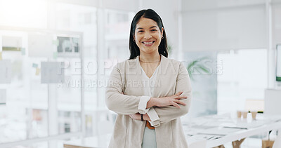 Portrait of businesswoman, smile in office and arms crossed, project manager at engineering agency. Face of happy woman, design business leader with pride and confidence for entrepreneur at startup.