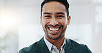 Portrait of happy man, pride in office and confident project manager at engineering agency. Face of businessman, design business leader with smile and positive mindset for entrepreneur at startup.