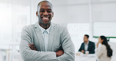 Portrait of black man, smile in office and arms crossed, confident project manager at engineering agency. Happy businessman, design business startup with pride, positive mindset and leader in Africa.