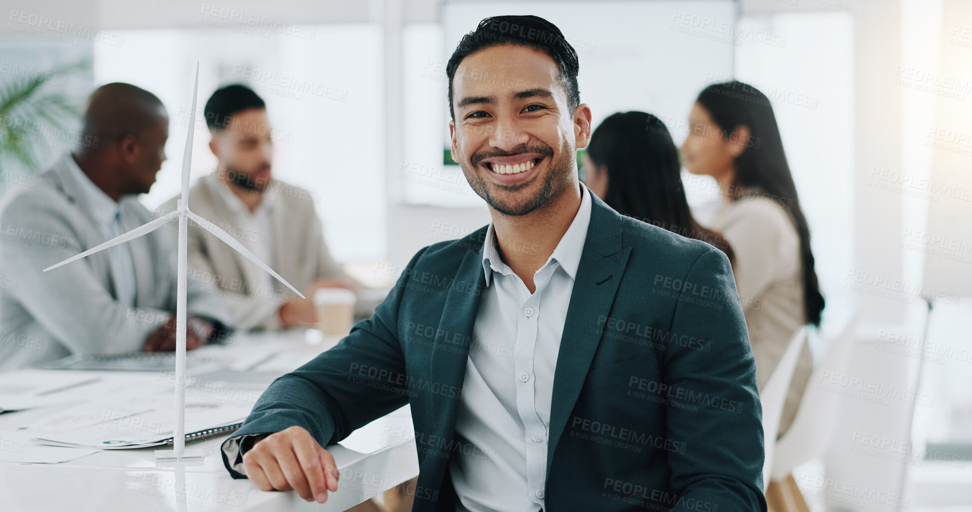 Buy stock photo Portrait of businessman, smile in business office and confident project manager at engineering agency. Happy man, leader with pride and entrepreneur with positive mindset at renewable energy startup.