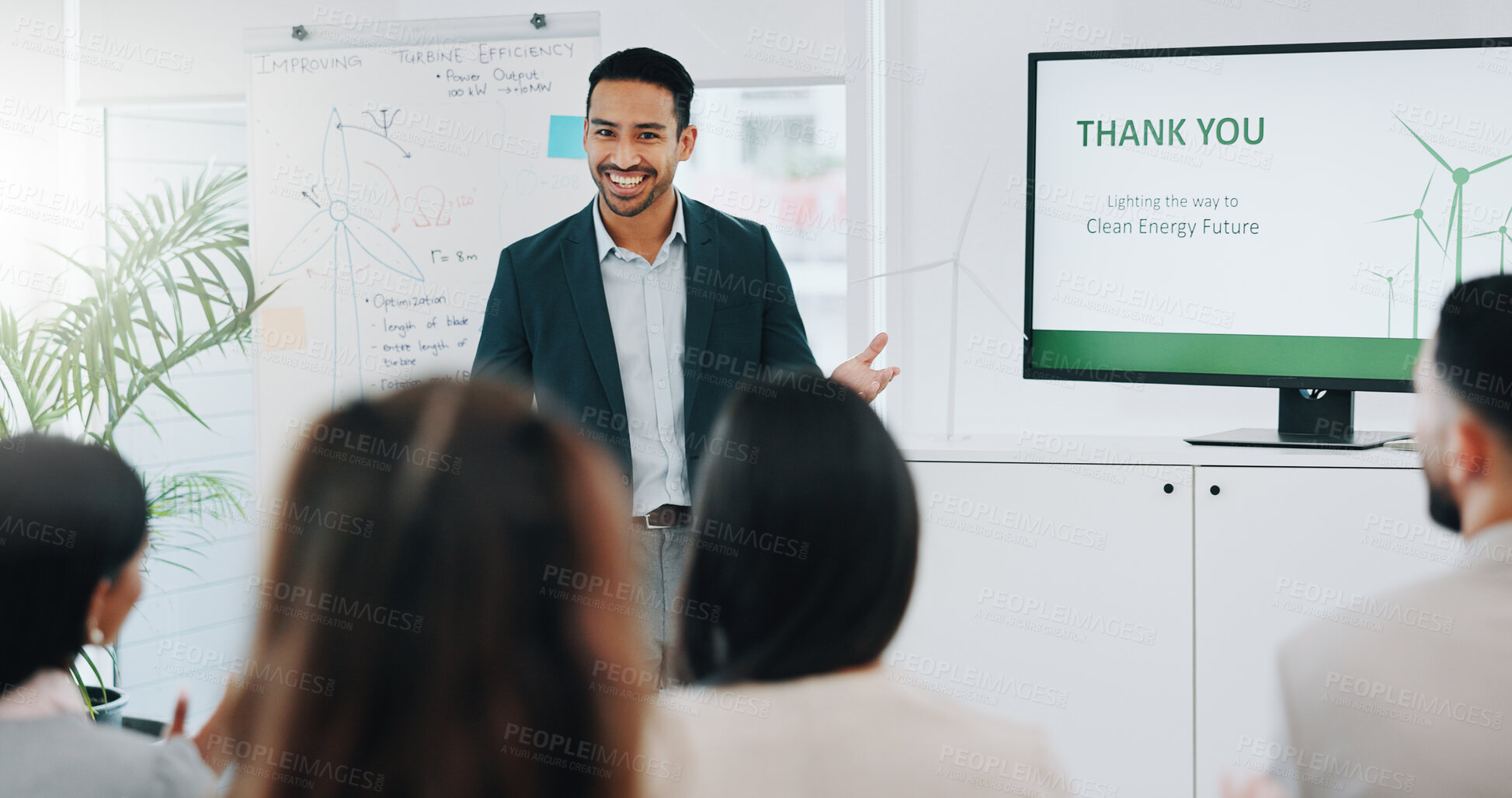 Buy stock photo Businessman, presentation and coaching with questions in meeting, conference or idea at office. Asian man or mentor talking to audience or business people with hand raised for interaction at workshop