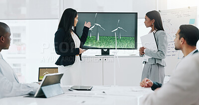 Business woman, presentation and wind turbine for eco friendly, sustainability and renewable energy meeting. Engineering manager and people with windmill model, design and screen of agriculture farm