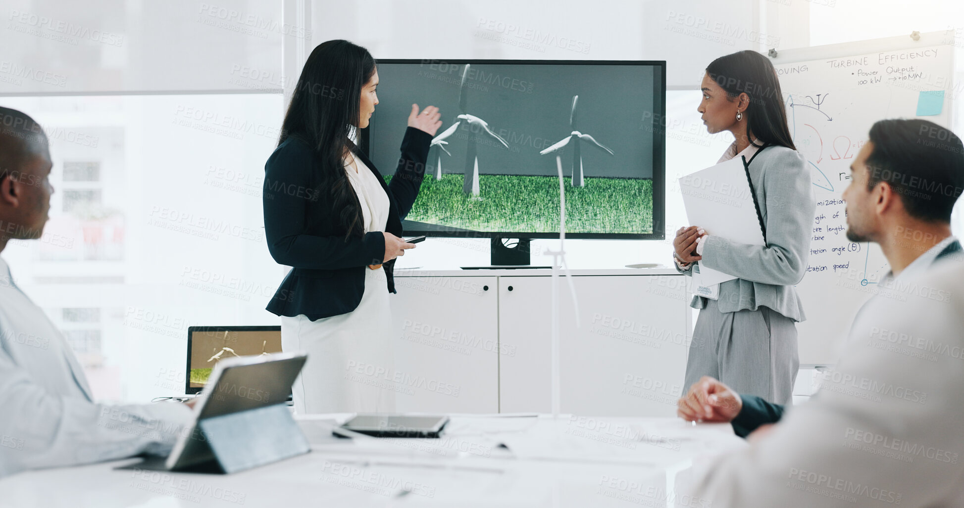 Buy stock photo Business woman, presentation and wind turbine for eco friendly, sustainability and renewable energy meeting. Engineering manager and people with windmill model, design and screen of agriculture farm