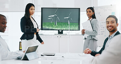Business woman, presentation and wind turbine for eco friendly, sustainability and renewable energy meeting. Engineering manager and people with windmill model, design and screen of agriculture farm