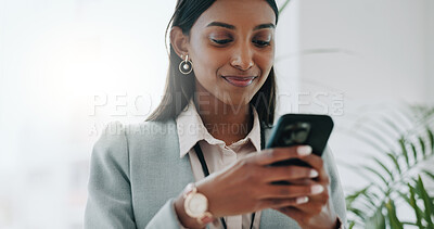 Business, smile or woman with smartphone, typing or connection with mobile app, social media or network. Person, employee or consultant with cellphone, email notification or professional with contact