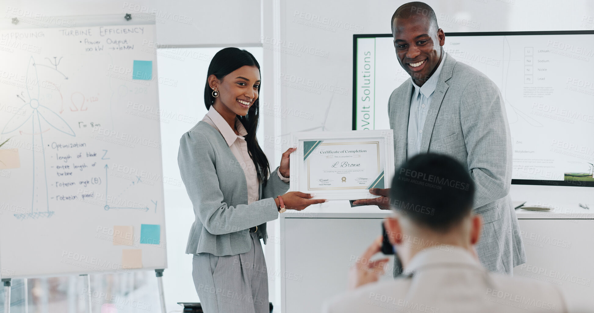 Buy stock photo Business man, woman and diploma in office, presentation and handshake for performance, goal and success. African CEO, young happy employee and certificate for achievement, thanks or smile at workshop