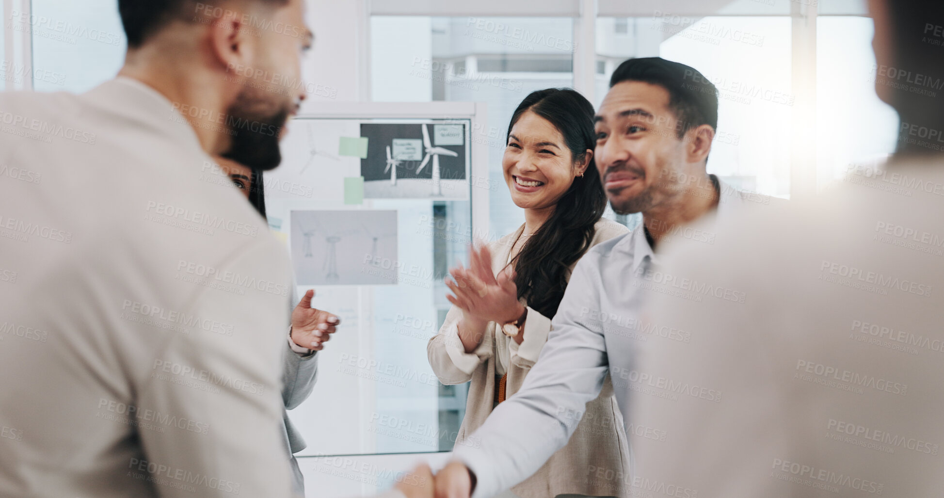 Buy stock photo Happy businessman, handshake and applause in promotion, b2b or team agreement at office. Business people shaking hands and clapping in greeting, introduction or partnership for deal at workplace