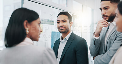 Businessman, coaching and listening to team in meeting, schedule planning or brainstorming on glass board at office. Asian man and business people in staff training, project plan or task at workplace