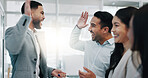 Businessman, high five and applause in team planning, brainstorming or motivation together at office. Business people clapping in celebration, meeting or teamwork collaboration for ideas at workplace
